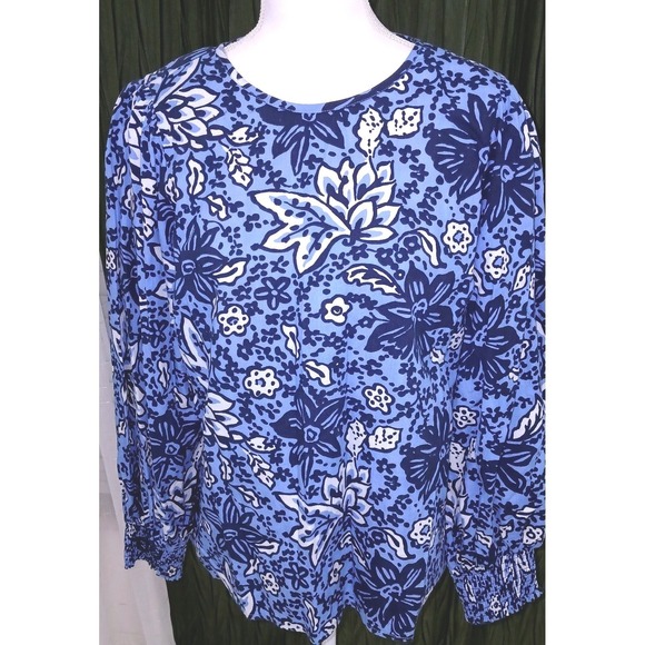 Sail to Sable Tops - Sail to Sable Blue Floral Cotton Blouse Smocked Cuff Long Sleeve Top Large STS